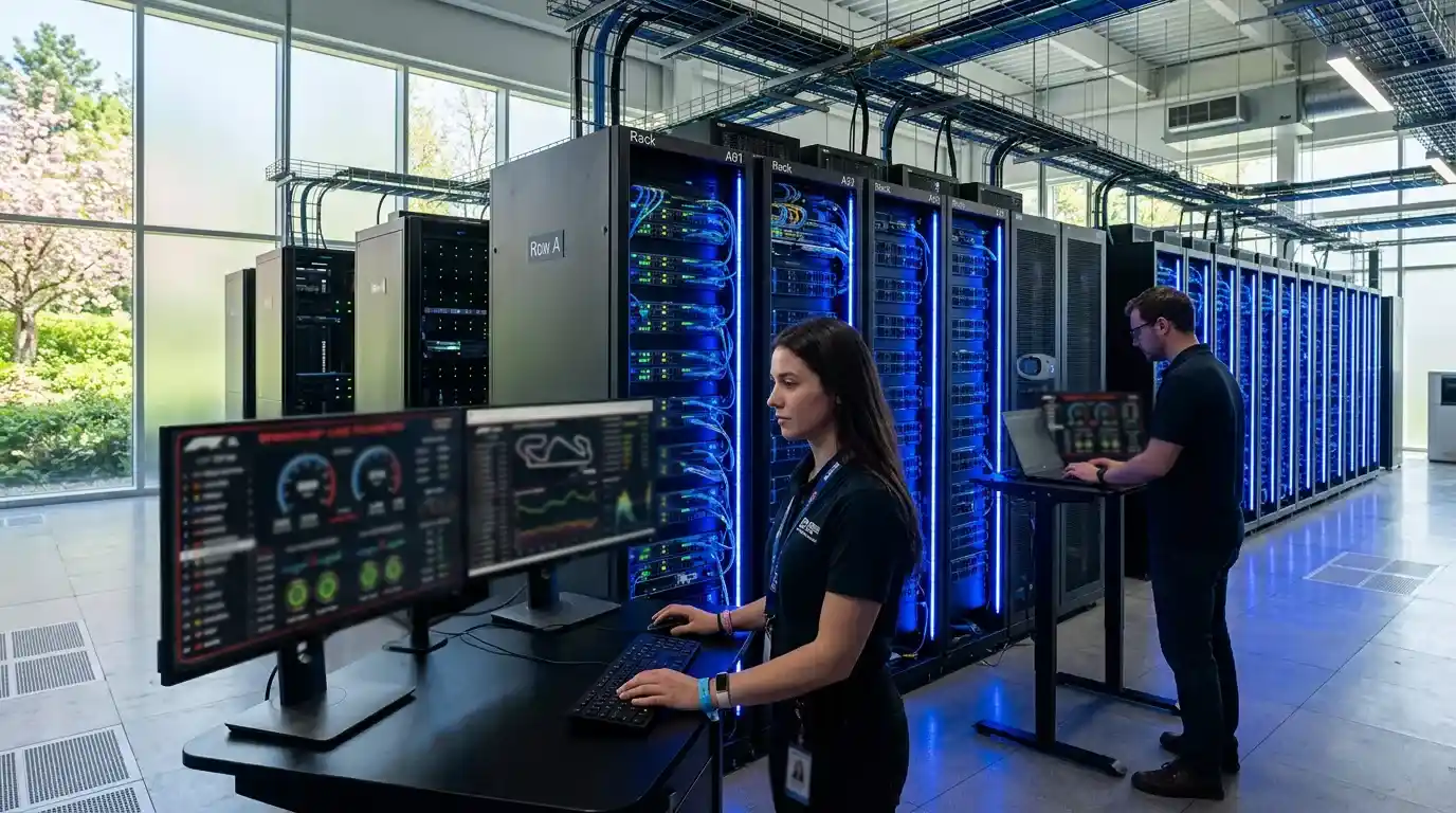 Centro de datos con servidores procesando información de Fórmula 1 en tiempo real