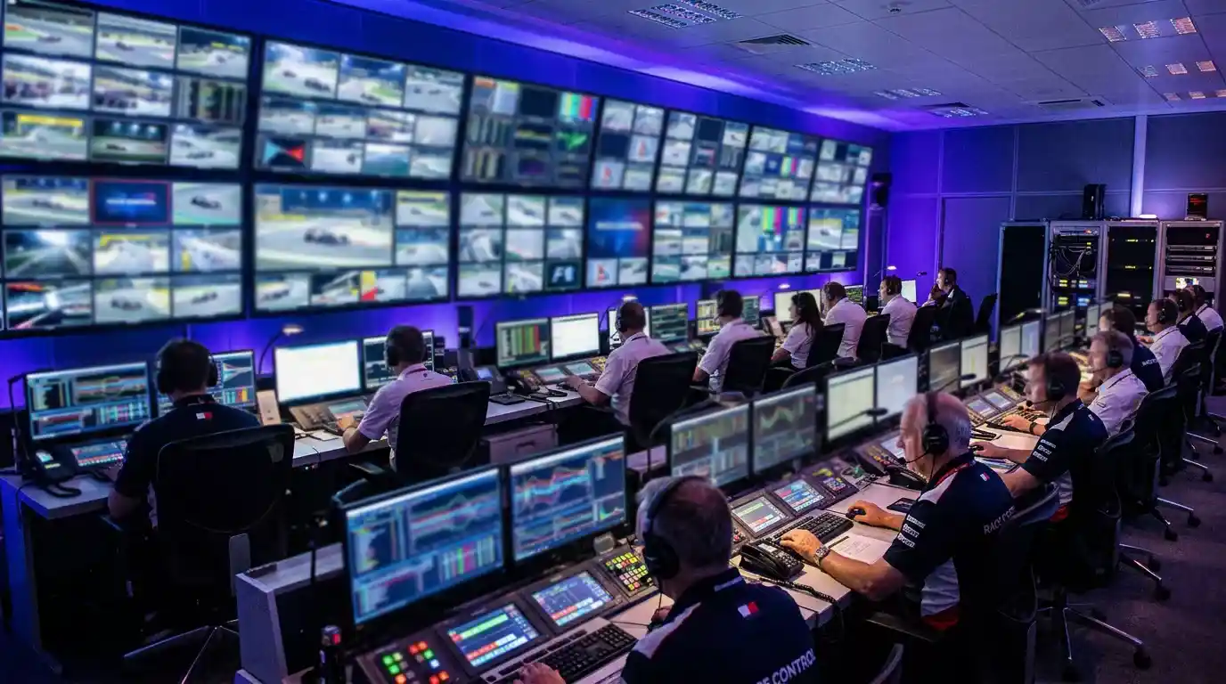 Sala de control de carrera de F1 con múltiples monitores mostrando telemetría