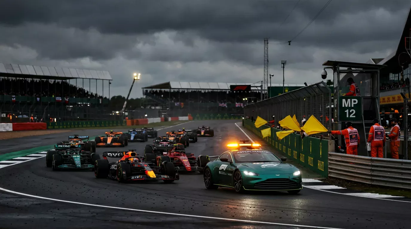 Safety car de Fórmula 1 liderando el grupo de monoplazas en pista