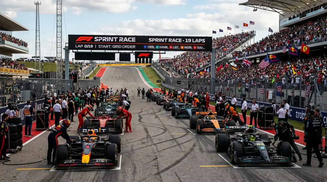 Parrilla de salida de carrera sprint de Fórmula 1 con monoplazas alineados