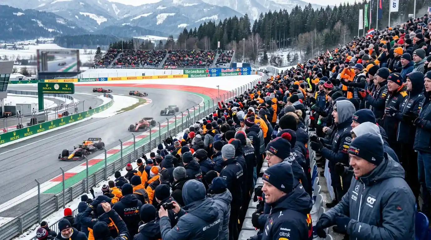 Aficionados de Fórmula 1 en las gradas de un circuito viendo la carrera