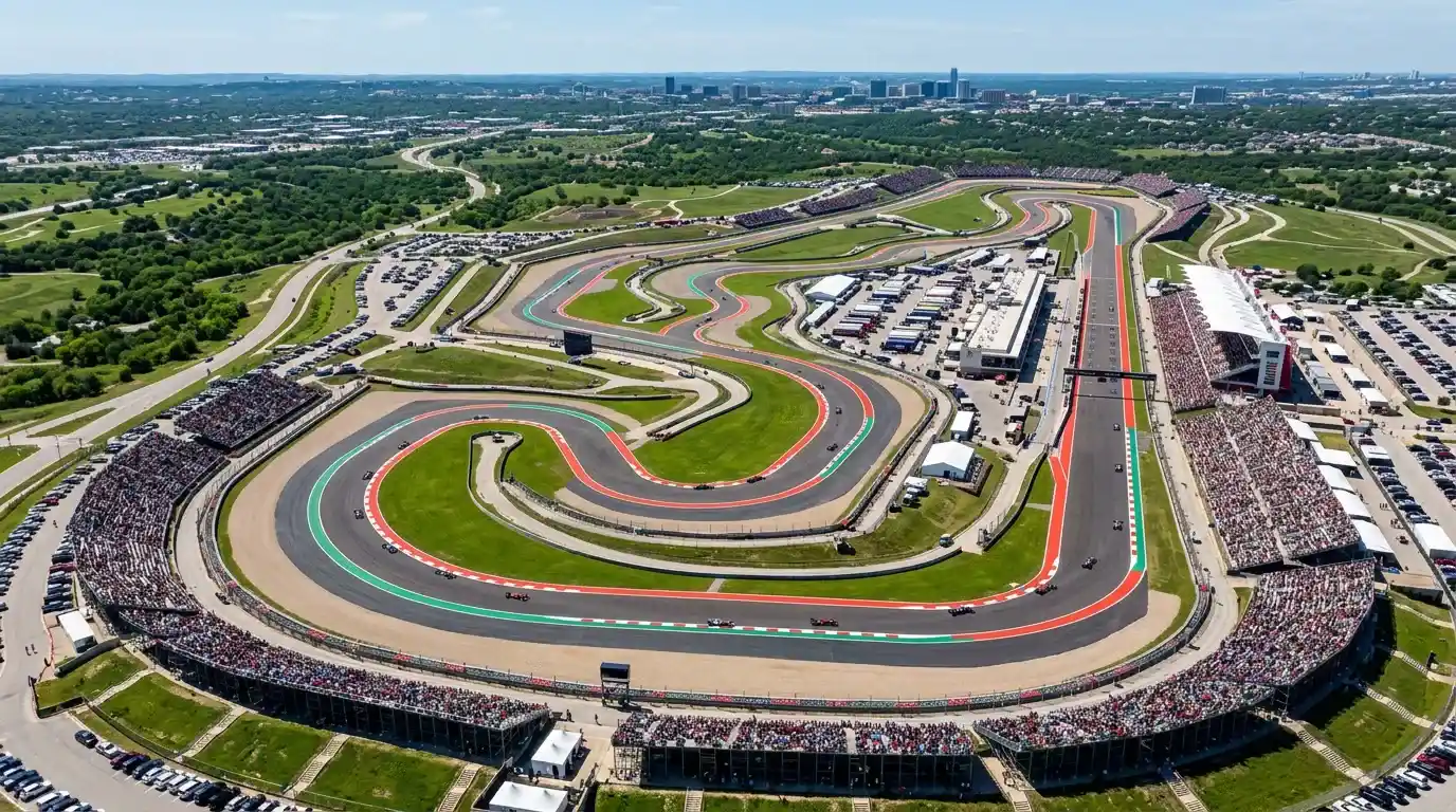 Vista aérea de un circuito de Fórmula 1 con todas sus curvas visibles