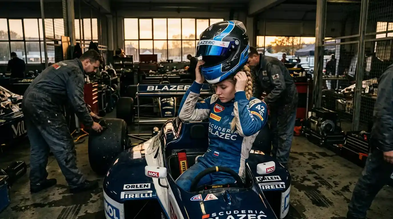 Piloto joven de Fórmula 1 con casco preparándose en el cockpit