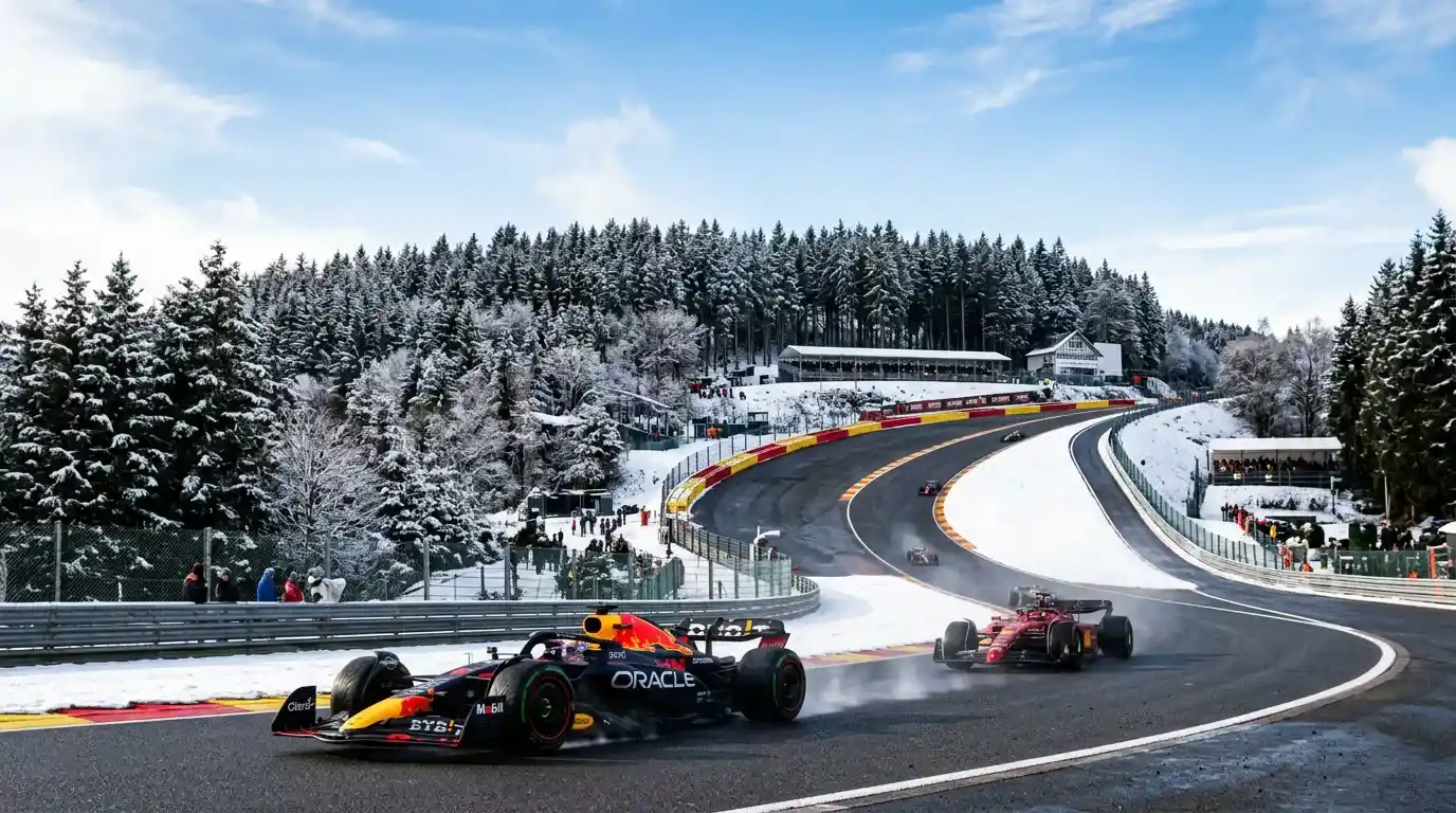 Monoplazas de Fórmula 1 subiendo por Eau Rouge en Spa-Francorchamps