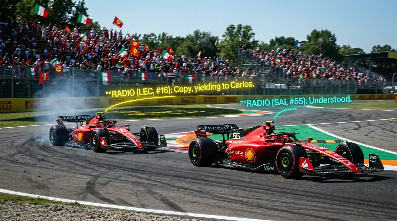 Dos monoplazas del mismo equipo de F1 en formación con el segundo dejando pasar al primero