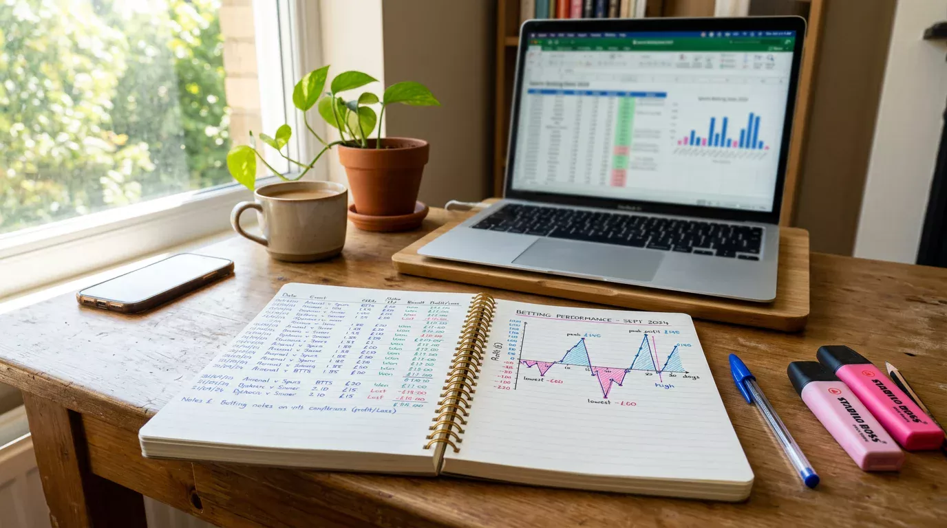 Cuaderno de registro de apuestas con anotaciones y estadísticas